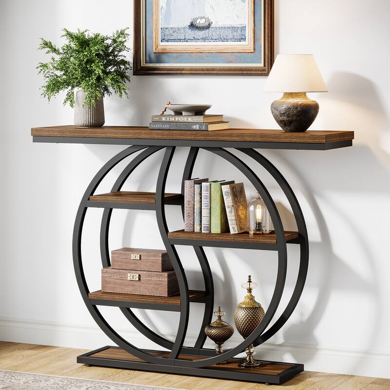 Industrial 5-Tier Console Sofa Table with Storage for Small Spaces - Brown