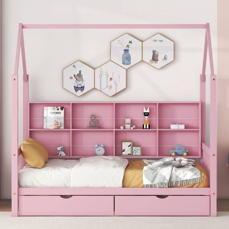Wooden Twin Size House Bed with 2 Drawers