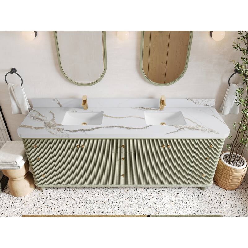 Willow Collections 84 in. W x 22 in. D Reeded Miami Double Bowl Sink Bathroom Vanity with Countertop - 2”Calacatta Gold - Evergreen