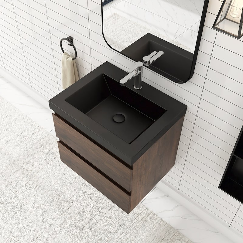 24/30/36 inch Wall-Mounted Bathroom Vanity Set in Rose Wood with Integrated Black Resin Sink