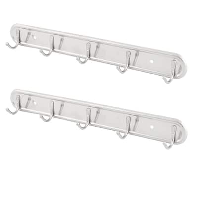 Household Wall Mounted 5 Hooks Towel Hat Coat Hanger Holder Rack 2PCS - Silver Tone - 12" x 1.3" x 1.4"(L*W*H)