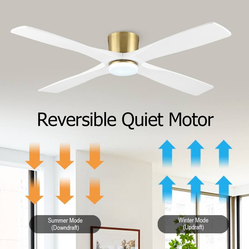 WINGBO 60" Flush Mount DC Ceiling Fan with Lights, 4 Reversible Blades, Hugger Low Profile Indoor Ceiling Fan
