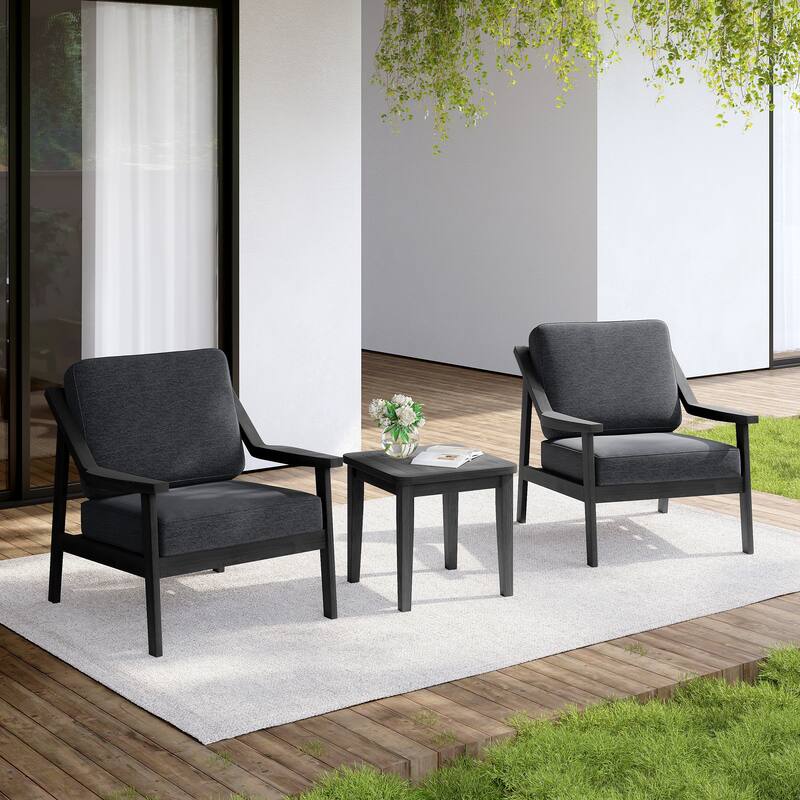 Outdoor Wood Cushioned Patio Set of 2 Accent Chair with Side Table - Dark Wood - Dark Grey