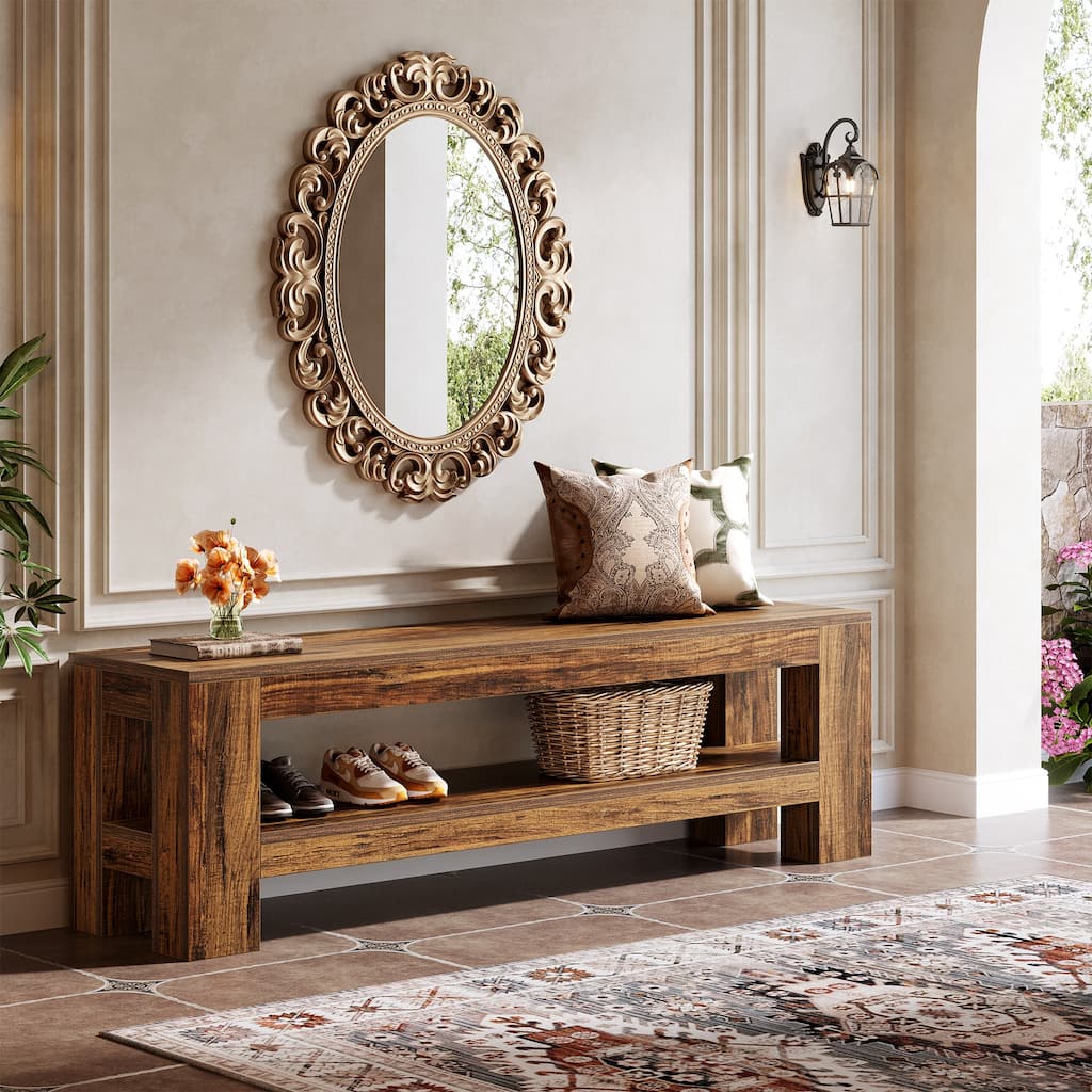 Wooden Entryway Bench with Storage Shelf, Console Shoe Bench, Hallway Kitchen End of Bed Accent Seat Storage Bench for Bedroom