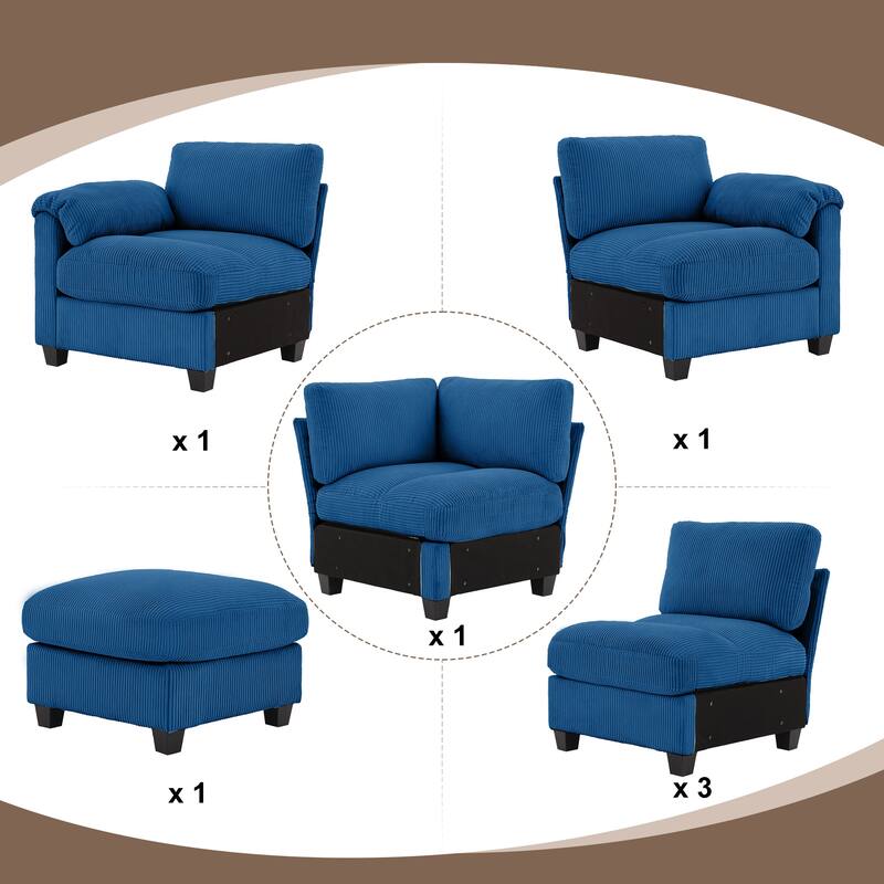 Corduroy Corner Sectional Sofas with a Removable Ottoman, L-shaped Reversible 7-seat Modular Couch