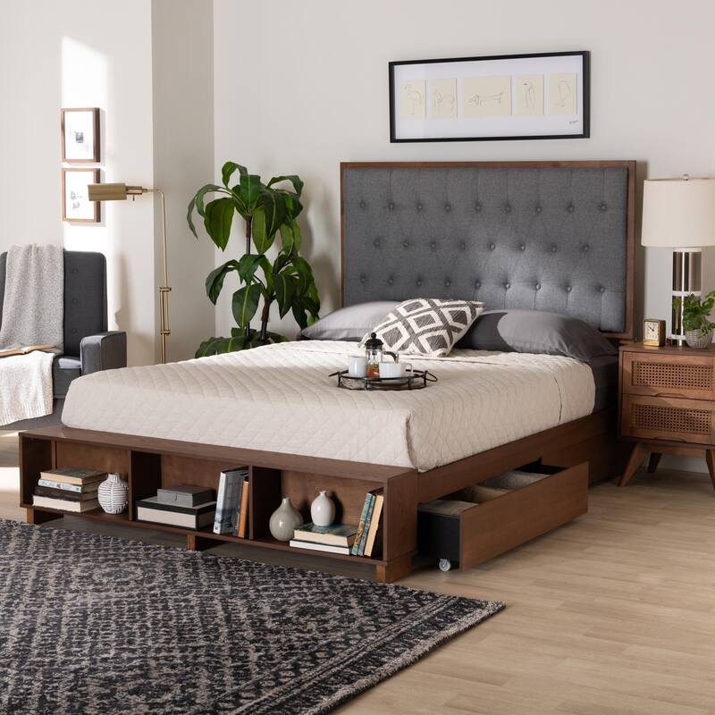 Jalie Classic Transitional Grey Fabric and Walnut Brown Finished Wood Platform Storage Bed