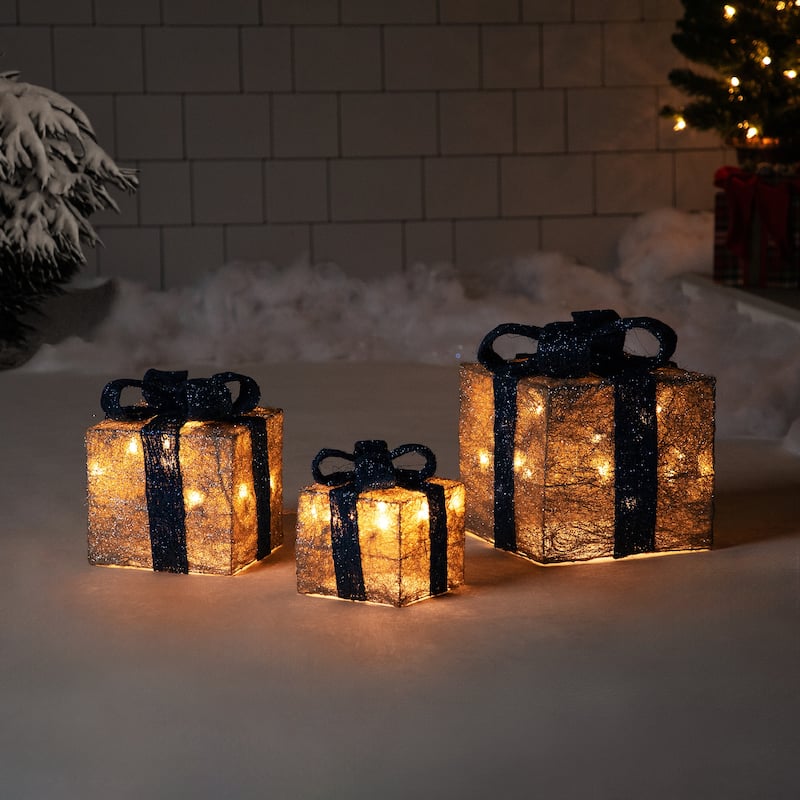 Set of 3 Silver Blue Lighted Gift Boxes Outdoor Christmas Yard Decor
