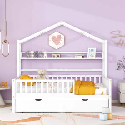 Kids Wood Bed Frame Roof House Bed with 2 Pull-out Drawers, Storage Platform Bed, Wood Slat Support Panel Bed
