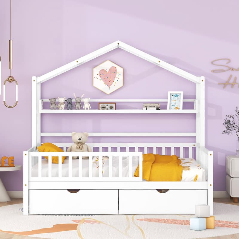 Wooden Full Size House bed with 2 Drawers, bed with Storage Shelf, White - White