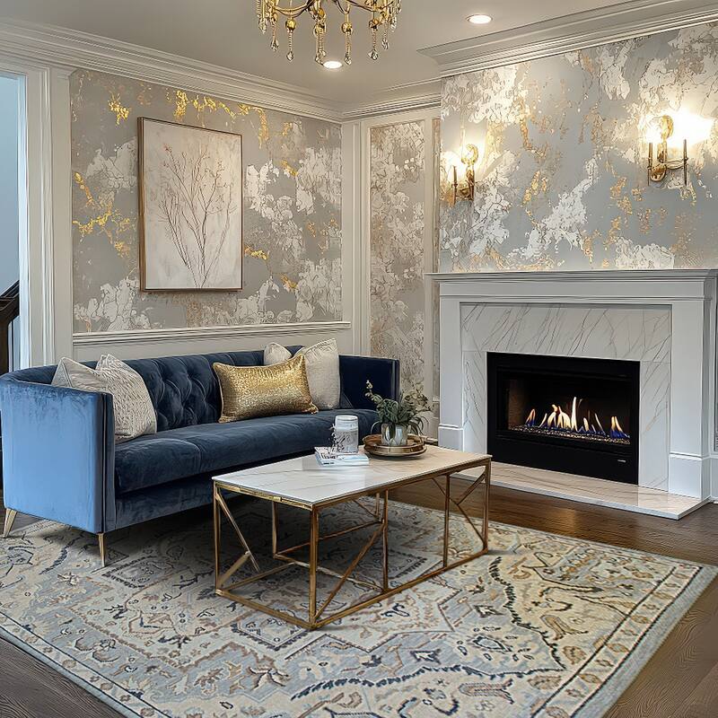 Home Decor Blue Hand-Knotted Wool Oriental Design Rug by EORC Luxurious Area Rug for Adding Timeless Elegance and Classic
