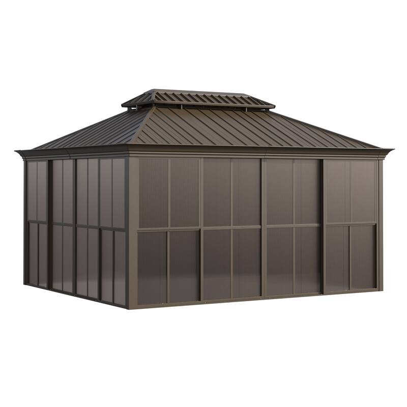 Hardtop Gazebo with Double Steel Roof, Sliding/Lockable Doors & Screens - All-Season Rustproof Aluminum Frame，Advanced Drainage
