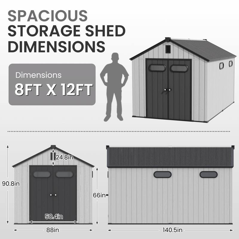 8' x 8' / 8' x 10'/ 8' x 12' Outdoor Resin Storage Shed with Lockable Doors and Air Vents for Garden