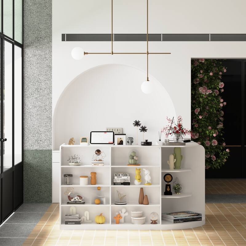 70.9" White Curved Front Desk with Shelving and Storage Reception Desk