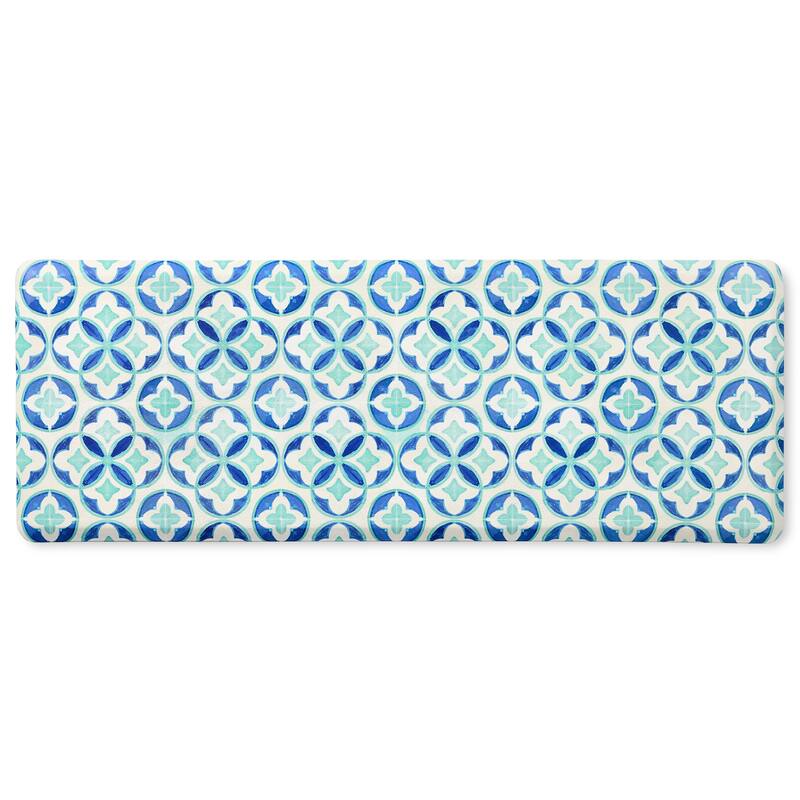 FIESTA Mali Tiles Geo Trellis Anti-Fatigue Comfort Kitchen Mat, Non-Slip Floor Mat, Padded Standing Desk Mat - 20"x55" - Blue/Aqua/White