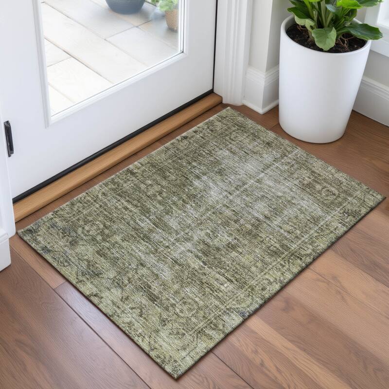 Premium Washable Super Soft Vintage Traditional Mayfield Rug - Olive - 1'8" x 2'6"