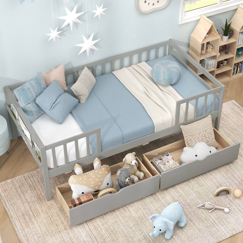 Twin Daybed with Fence and Storage Drawers Kids Bed