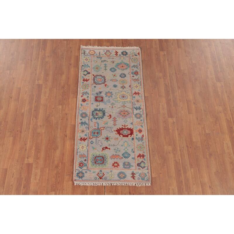 Transitional Floral Oushak Accent Rug Hand-Knotted Grey Wool Carpet - 2'8"x 5'11"