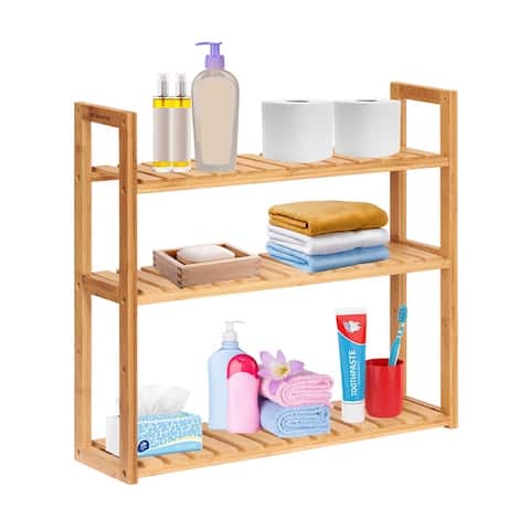Kinbor 3-Tier Bamboo Shelf Wall Mounted Rack Adjustable Multifunctional Storage Towel Shelves for Bathroom Kitchen Living Room