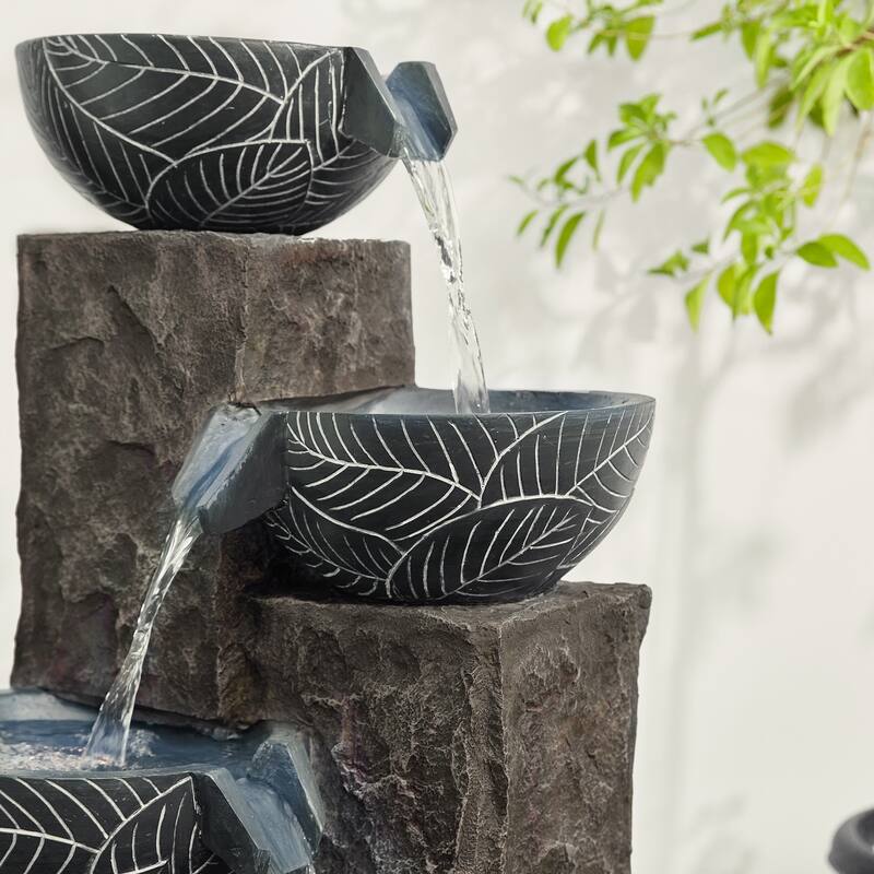 Glitzhome 32.75"H Oversized 4-Tier Leaf Textured Resin Outdoor LED Fountain