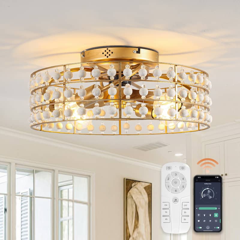 18 in. Smart Bohemian Wood Bead Gold Ceiling Fan with Remote and Light and APP Control - 18.31" D x 18.31" W x 7.5" H