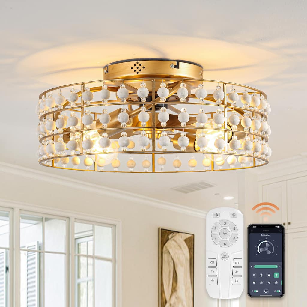18 in. Smart Bohemian Wood Bead Gold Ceiling Fan with Remote and Light and APP Control - 18.31" D x 18.31" W x 7.5" H