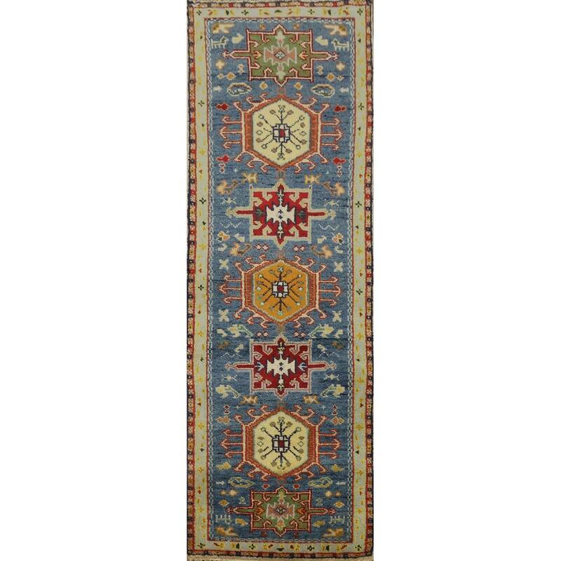 Hand Knotted Oriental 100% Wool Carpet Traditional Geometric Navy Blue & Blues Kazak Runner Rug - 8' 3'' X 2' 6''