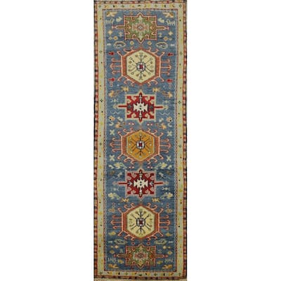 Hand Knotted Oriental 100% Wool Carpet Traditional Geometric Navy Blue & Blues Kazak Runner Rug - 8' 3'' X 2' 6''