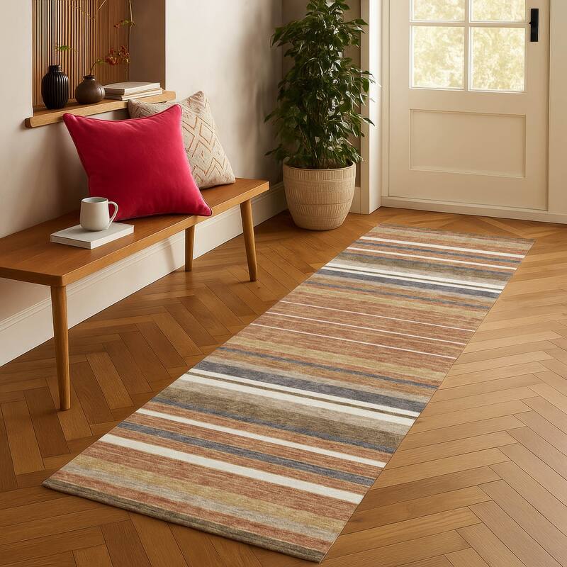 Machine Washable Indoor/ Outdoor Modern Stripes Chantille Rug