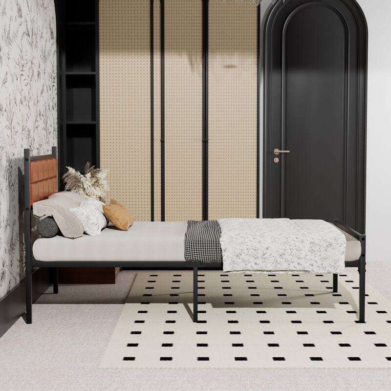 Javlergo Metal Bed Frame with PU Upholstered Headboard, No Box Spring Needed