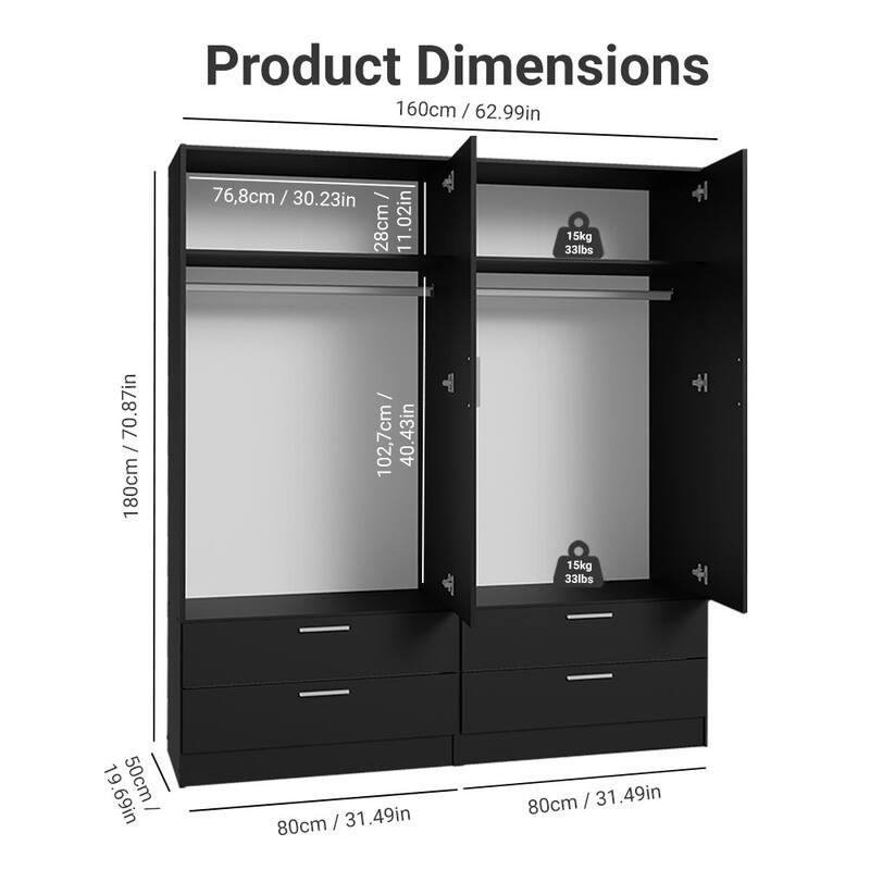 Madesa 4 Doors 4 Drawers Wardrobe With Hanging Space 63"L