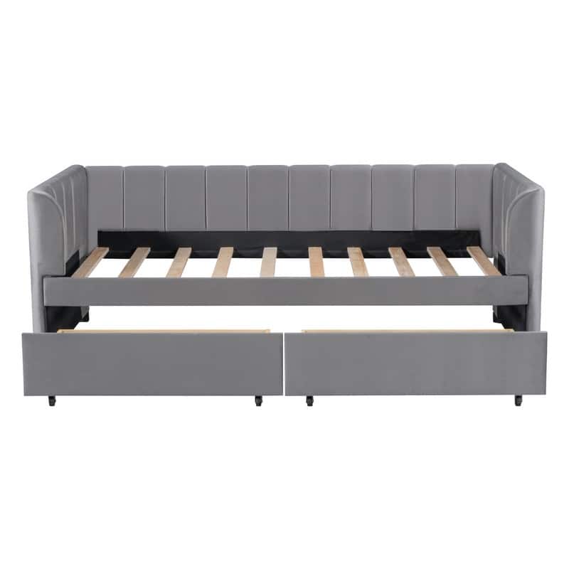 Velvet Upholstered Daybed with Ergonomic Design Backrest and 2 Drawers,Twin Size