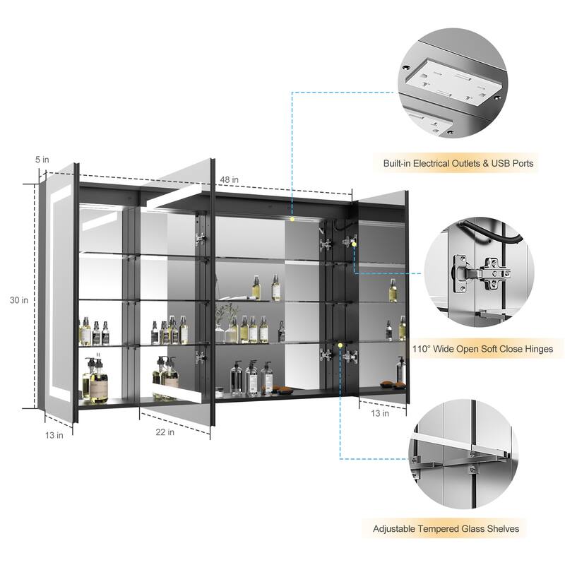 KIOTEE LED Lighted Recessed or Surface Mount Medicine Cabinet Mirror with Dimmable Light and Socket