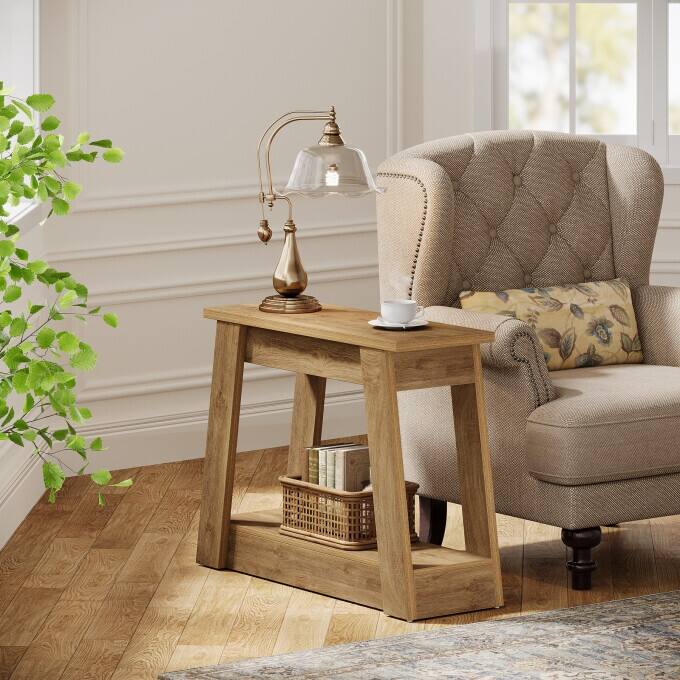 Rustic Wood End Table, Small Side Table With 2-Tier Storage Shelves