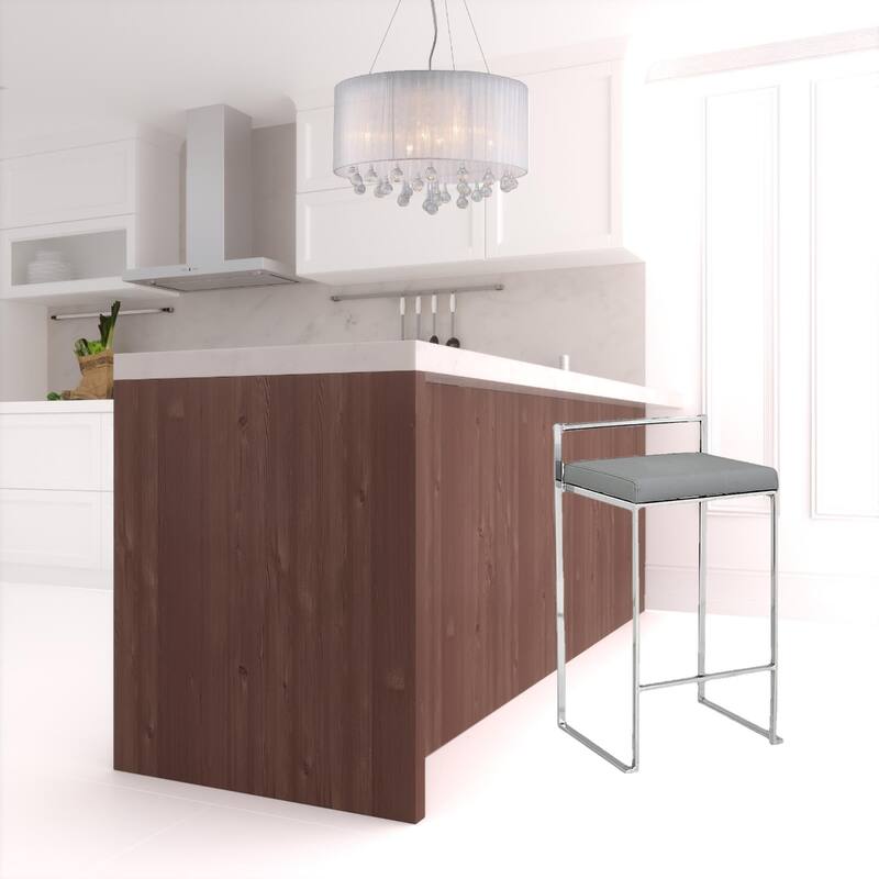 Modern Grey Faux Leather Bar Stool with Chrome Legs Backless Seat and Footrest for Kitchen Island