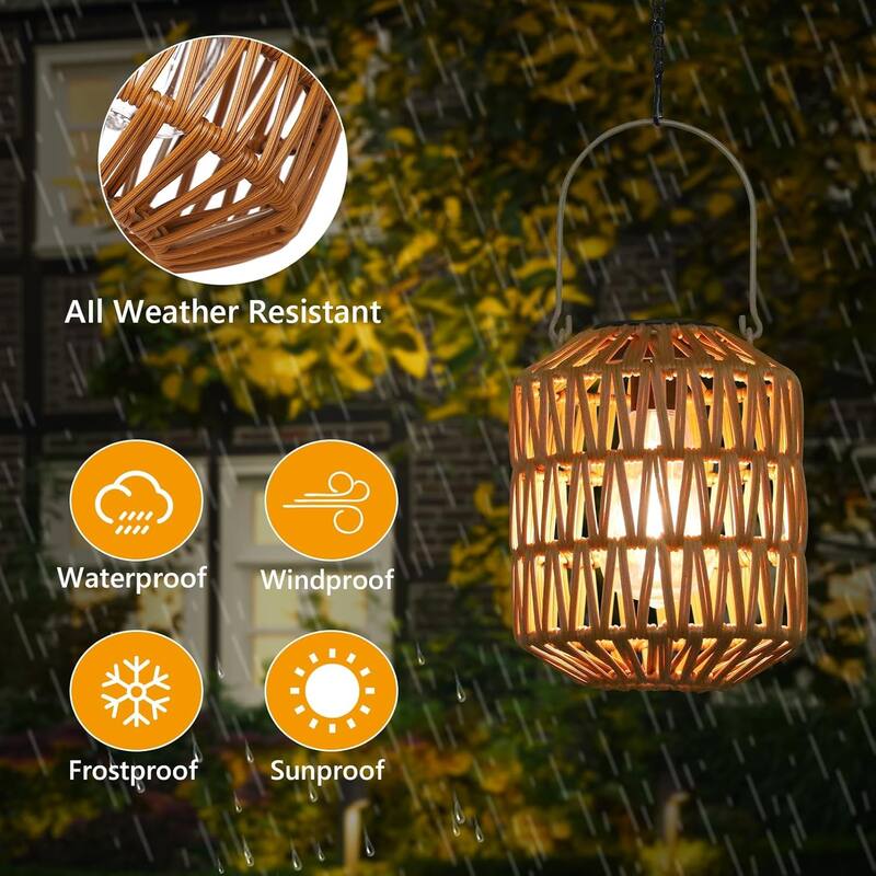 Rossetta 2-Pack Outdoor Rattan Metal Frame Hanging Decorative Solar Lanterns