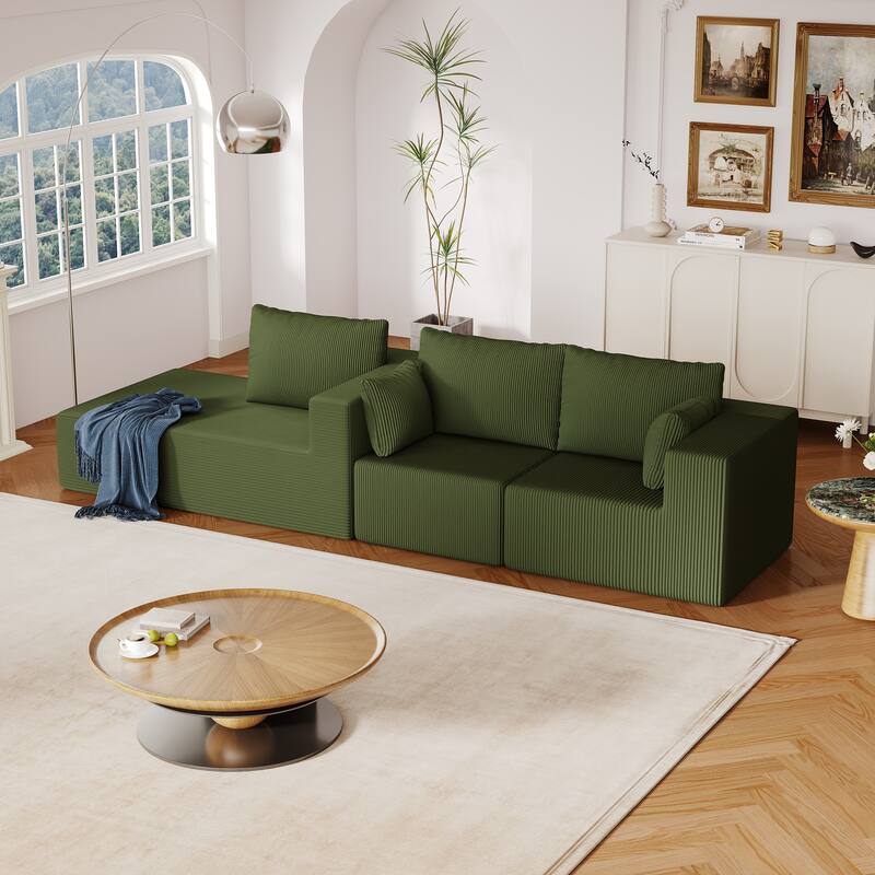 L Shaped Sectional Foam Sofa, Upholstered Corduroy Fabric Sofa, Modular Cloud Couch with Chaise Lounge & Removable Covers