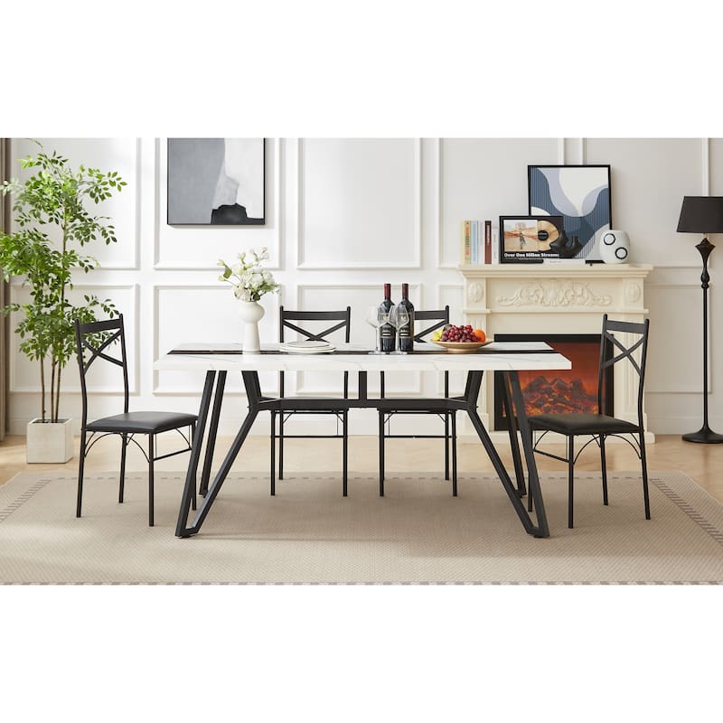 Elegant 70.9" Rectangular Dining Table – Premium Marble-Grain Waterproof Surface, 8-Seater Design with Adjustable Height Legs‌. - White+Black