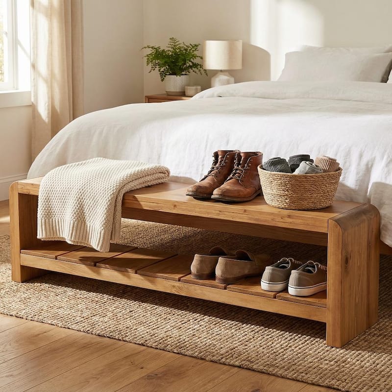 Solid Wood Entryway Bench, 59 Inch Long Shoe Bench with Open Shelf