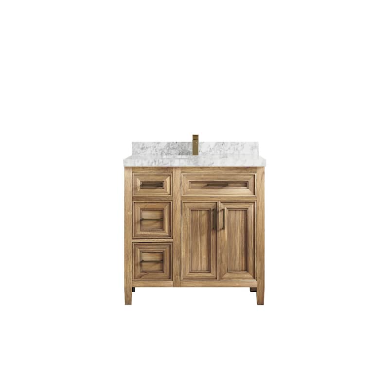 Willow Collections 36 in. W x 22 in. D Santa Monica Teak Bathroom Vanity Center with Countertop - 2" Carrara Marble - Whitewashed Teak