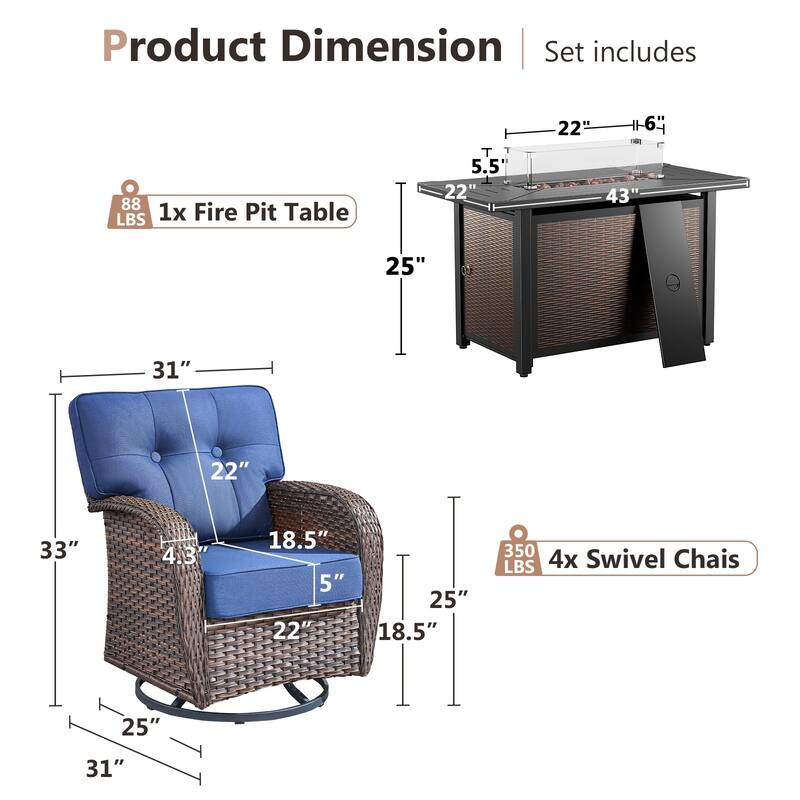 Pocassy Outdoor 43 In Fire Table with Swivel Chair Set