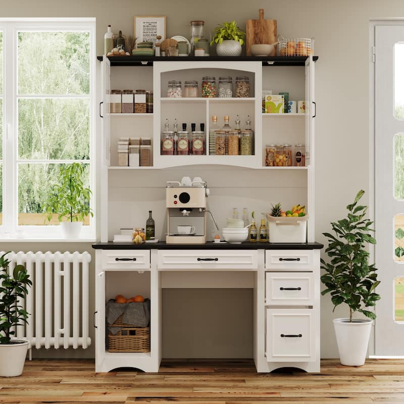 Coffee Bar Cabinet and Work Desk with Hutch,Pantry Storage Cabinet with Outlets