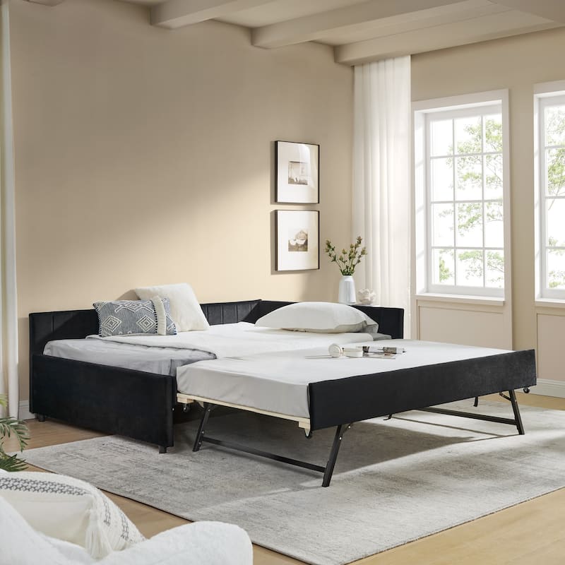 Full Size Upholstered Tufted Sofa Bed with Trundle, Velvet, Black (79.5''x58''x25'') - Black