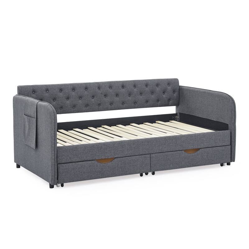 Roomfitters Twin Upholstered Daybed with Trundle, Underbed Storage and Flat Arms with Side Pocket, Extendable Design