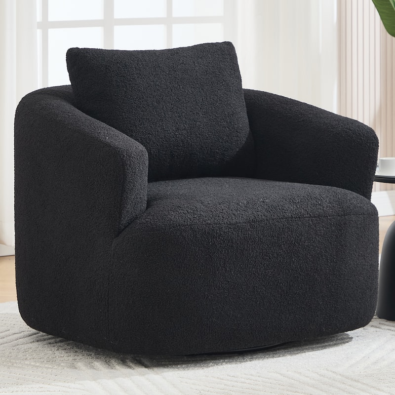 360°Swivel Round Upholstered Comfy Chair With One Soft Pillow, Teddy Fleece High-Resilience Sponge Single Sofa - Black