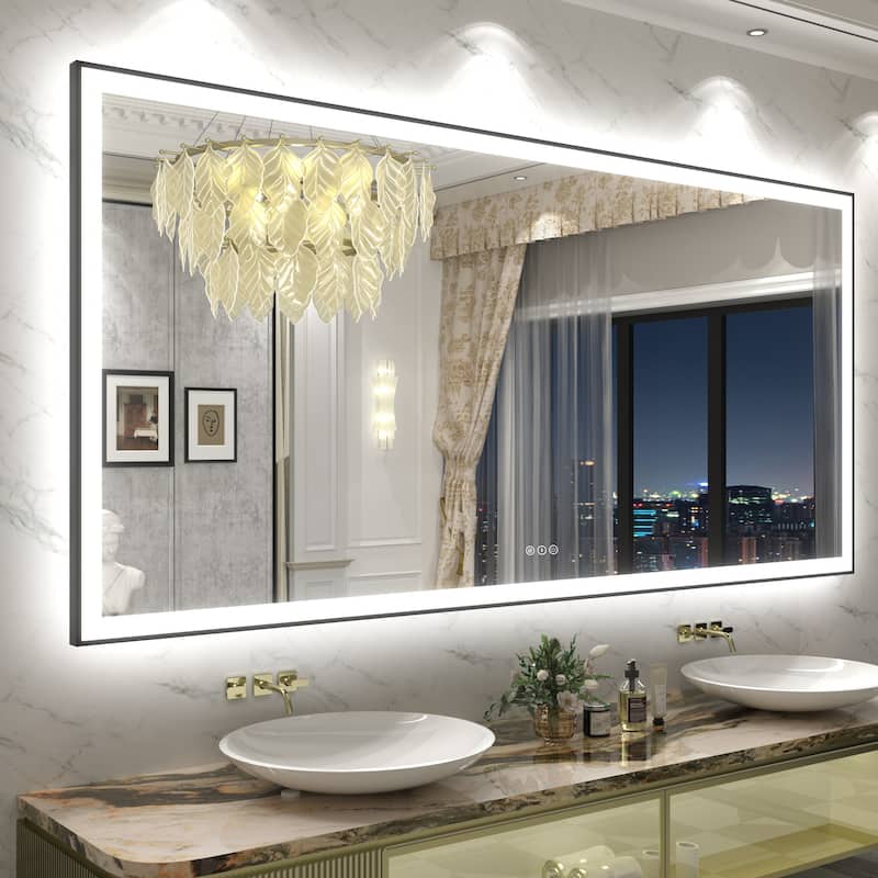 Front & Back LED Anti-Fog Tempered Glass Framed Bathroom/Vanity Mirror 3-Year Warranty - 84" x 40"-Square Corner - Black