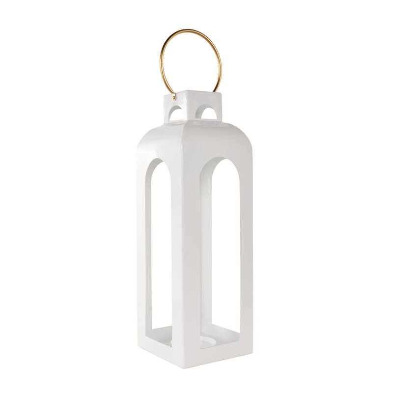 White Metal Tall Arched Cutout Candle Lantern with Gold Handle