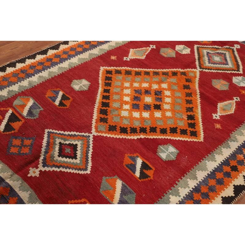 Kilim Qashqai Persian Vintage Rug Flatweave Red Wool Carpet - 4'8"x 7'1"
