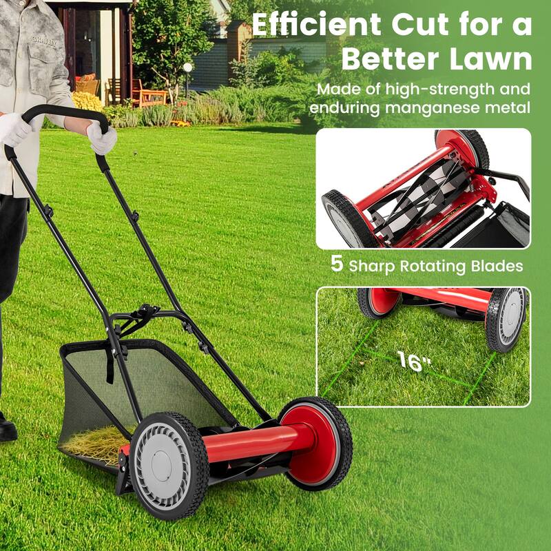 Manganese Steel Manual Lawn Mower with 5 Blades and Grass Bag - 23" L x 28" W x 49" H