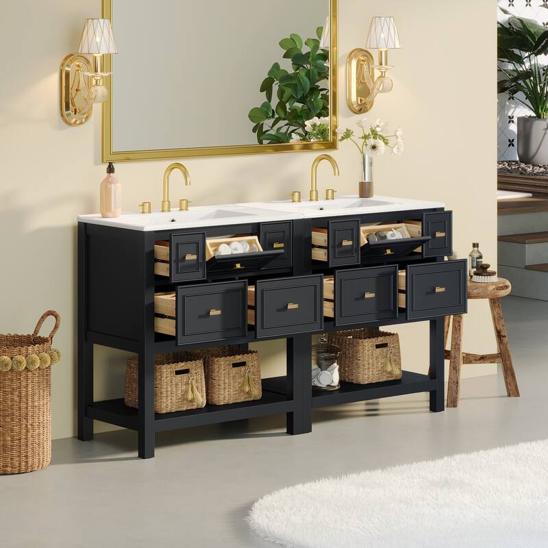 Roomfitters 60" Freestanding Bathroom Vanity with Ceramic Sink, Solid Wood Cabinet with Drawers & Open Storage Shelf