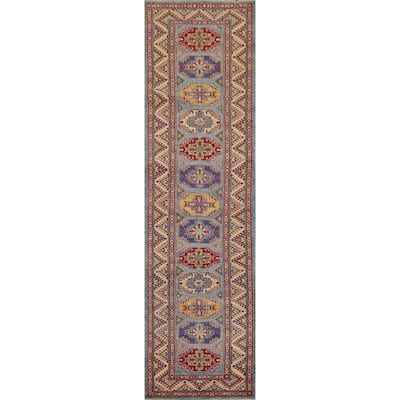 Light Blue Kazak Oriental Runner Rug Hand-Knotted Wool Carpet - 2'7" x 12'9"